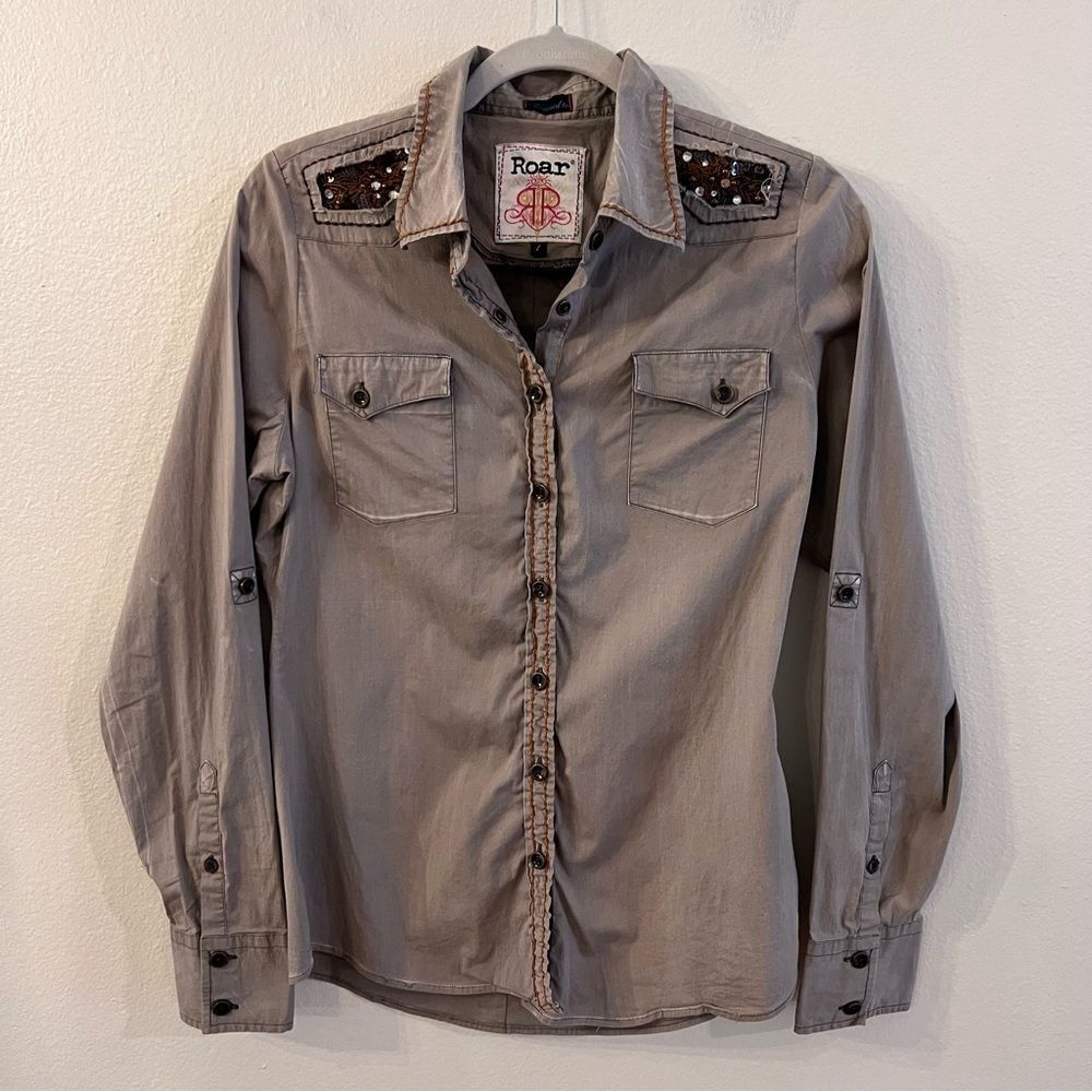 Roar Shirt Women’s Gray Size Large Sequin Rhinestones Western Rodeo Snap Front